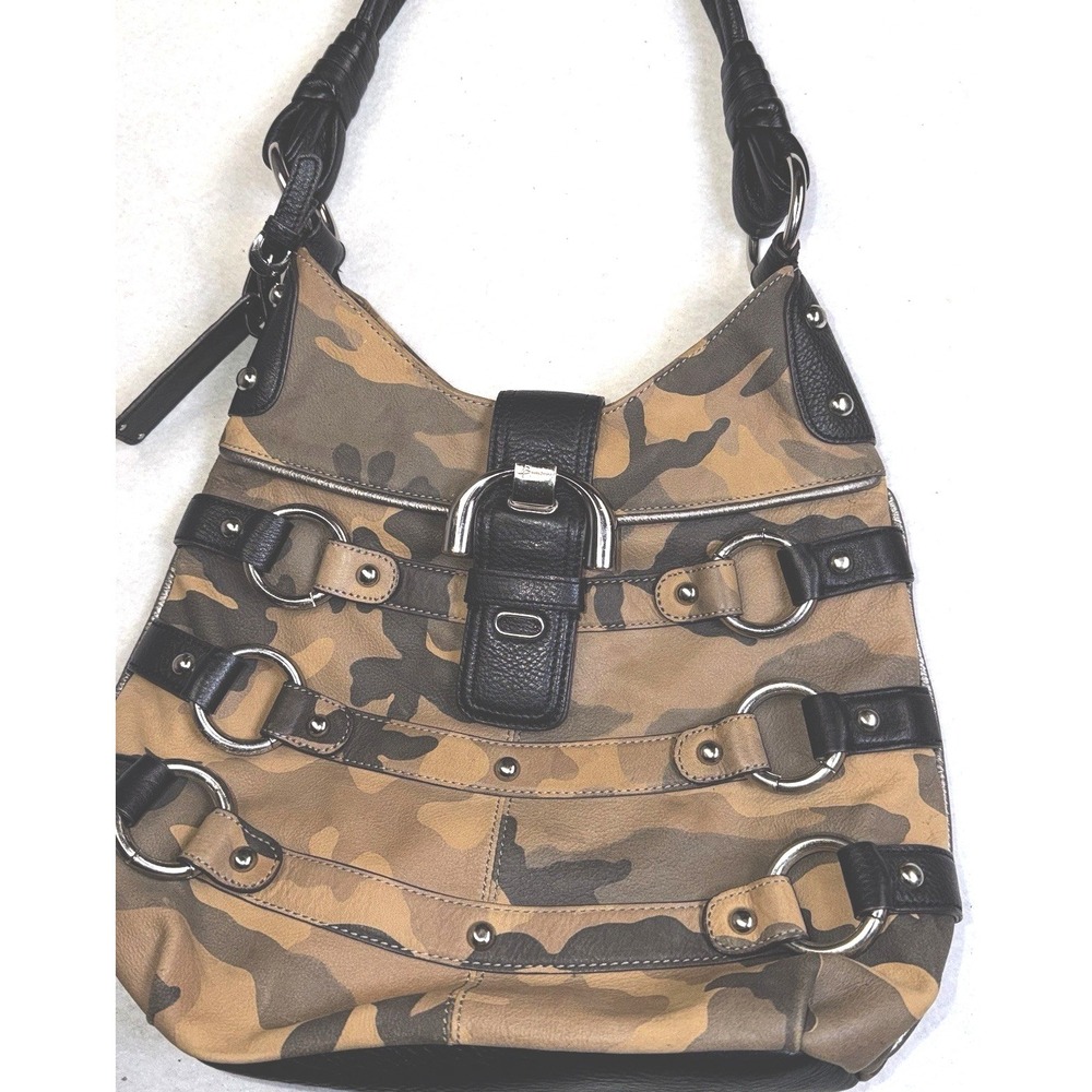 B Makowsky Camo Hobo Bag Black Leather Trim Silver Hardware Shoulderโ Purse
